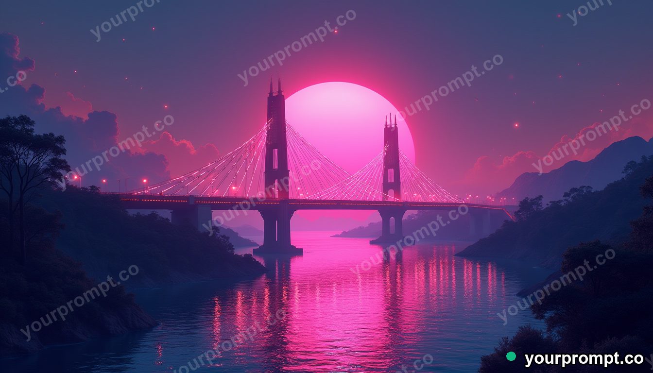A glowing futuristic bridge across a neon river