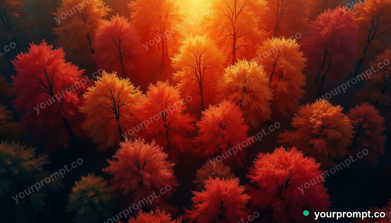 A top-down view of autumn treetops in fiery colors