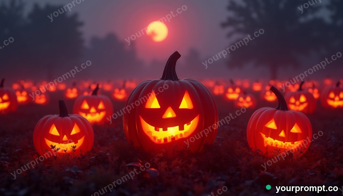 A field of jack-o-lanterns glowing in misty dusk
