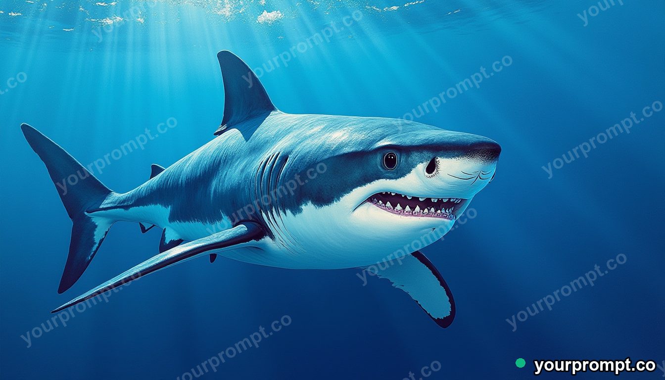 A great white shark cruising in blue depths
