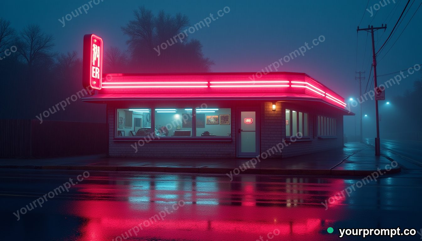A neon diner glowing on an empty rainy street