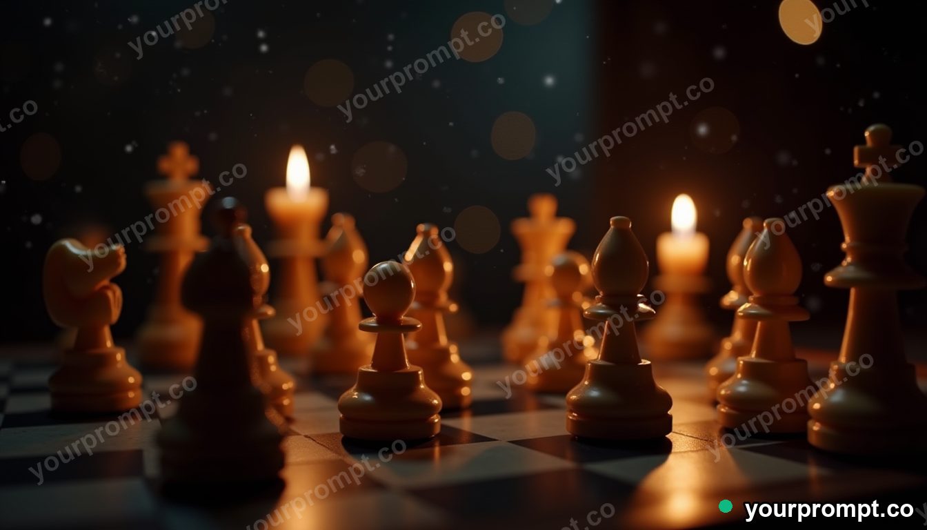 A candlelit chessboard mid-game