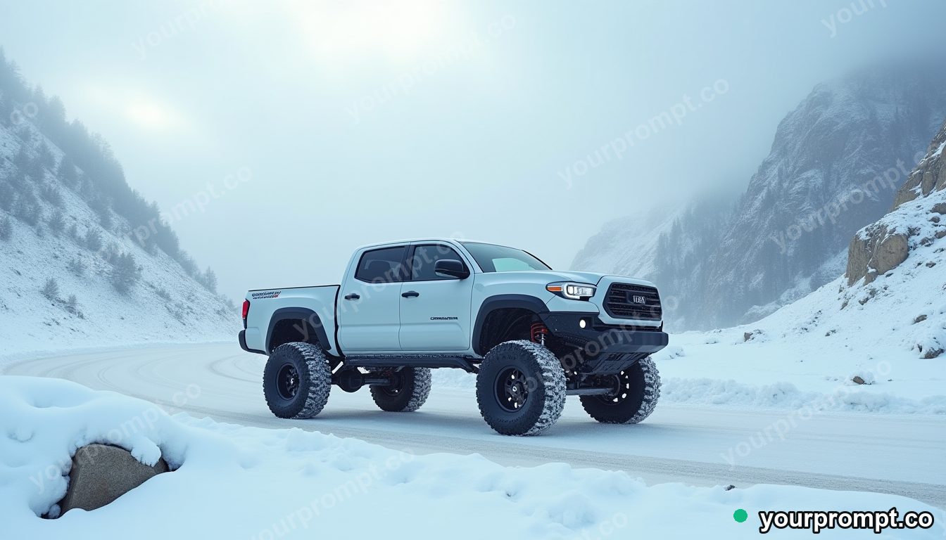 A rugged lifted pickup on a snowy mountain pass