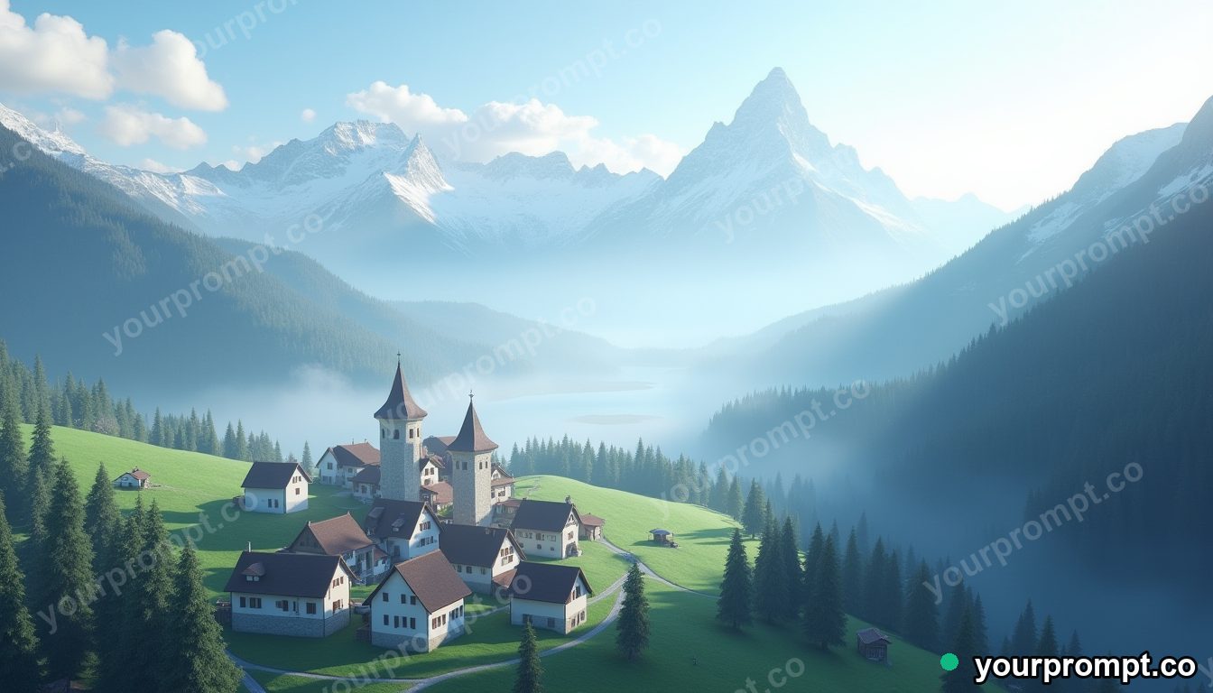 A misty mountain village in the Swiss Alps