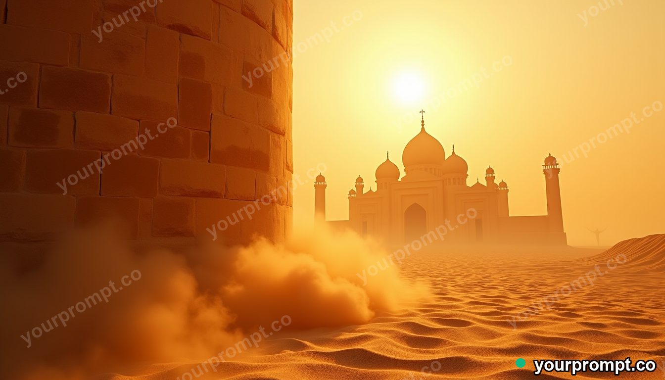 A sandstorm wall rolling toward an ancient city