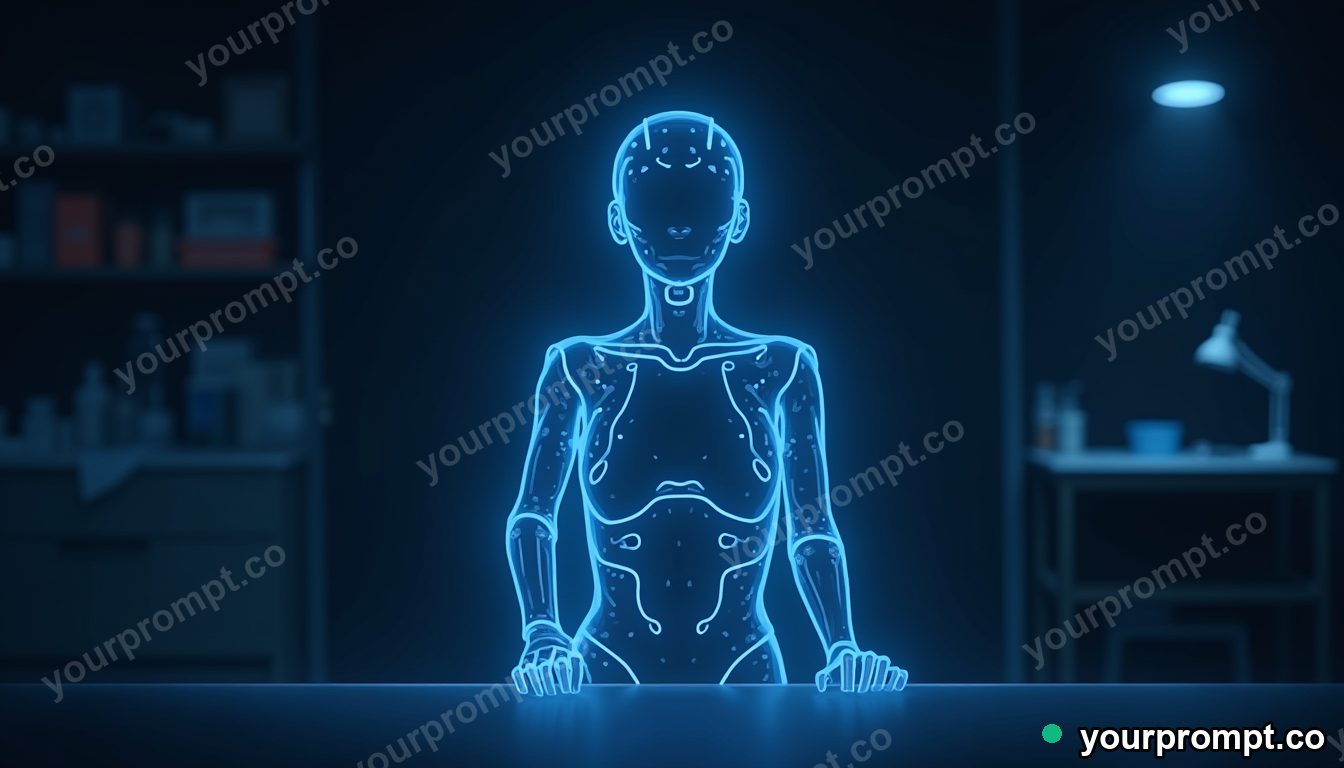 A holographic AI assistant glowing in a dark lab