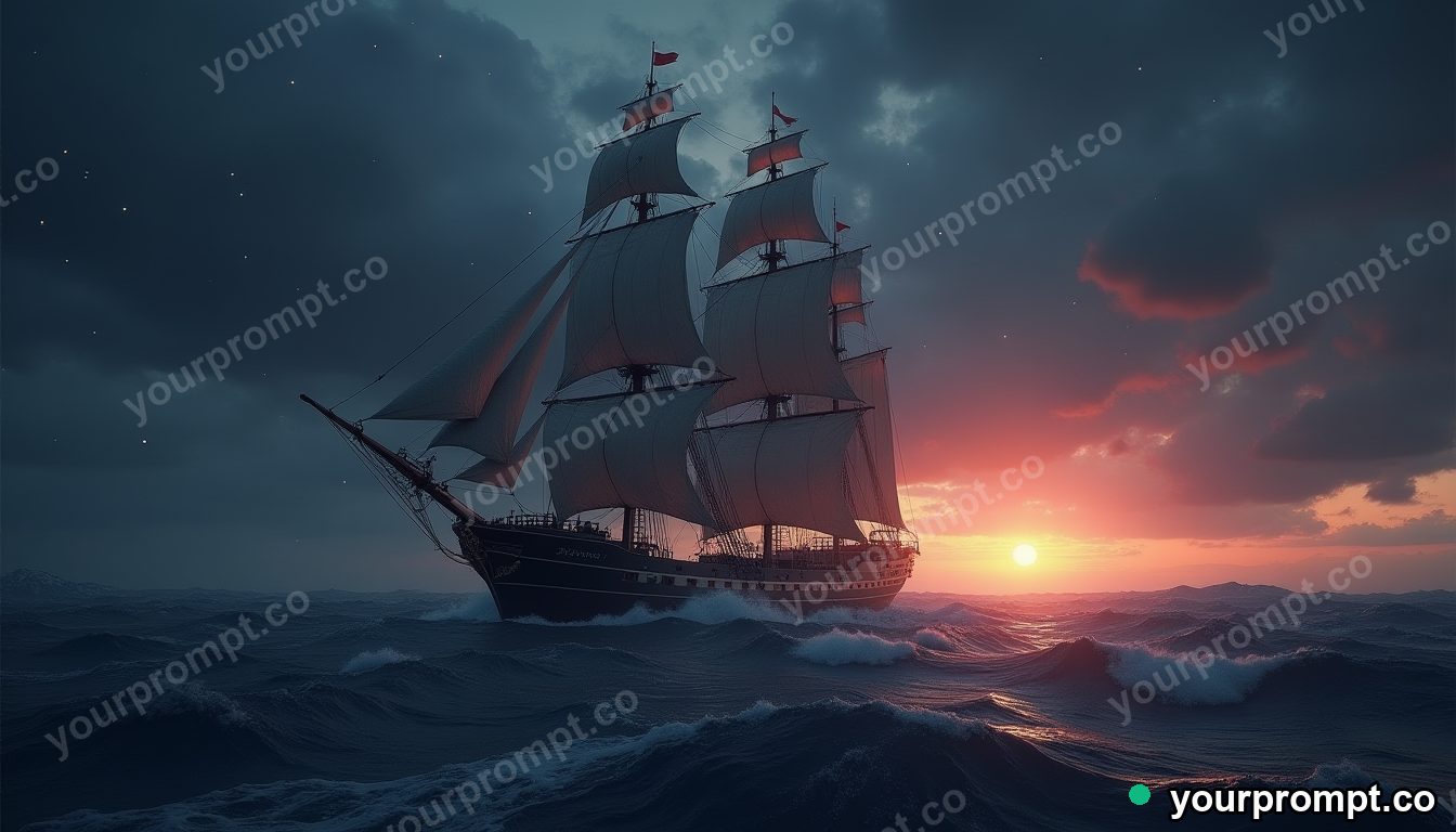 A tall sailing ship in a stormy sea at dusk