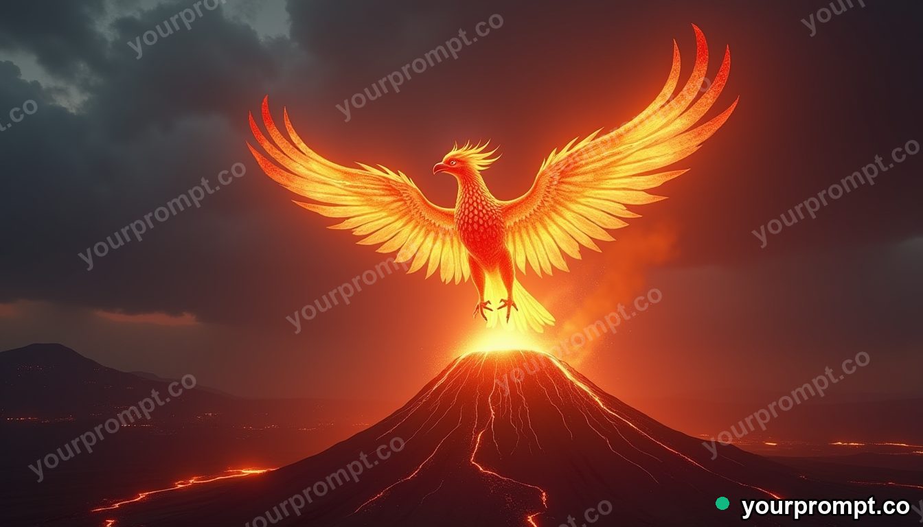 A phoenix made of fire soaring over a volcano
