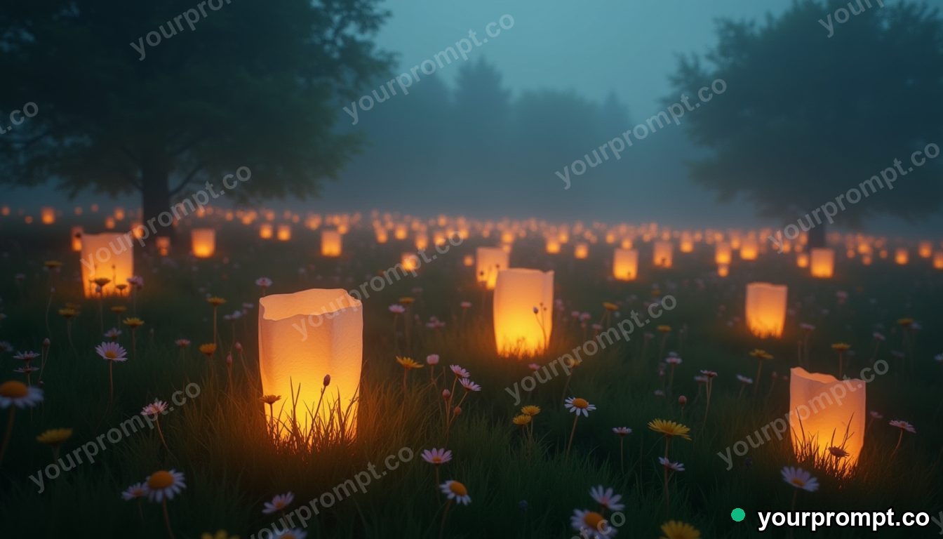 A meadow where the flowers are tiny floating lanterns