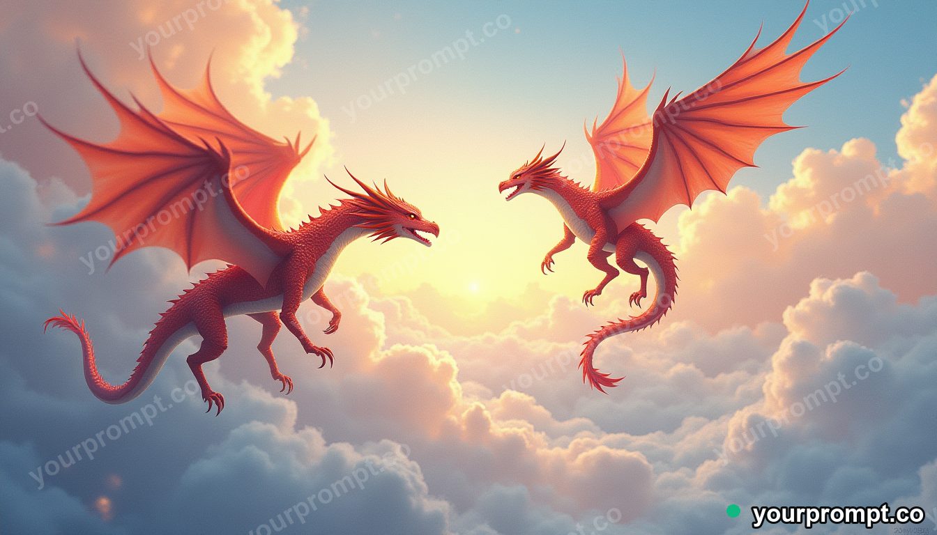 A dragon and a phoenix circling in an ancient sky