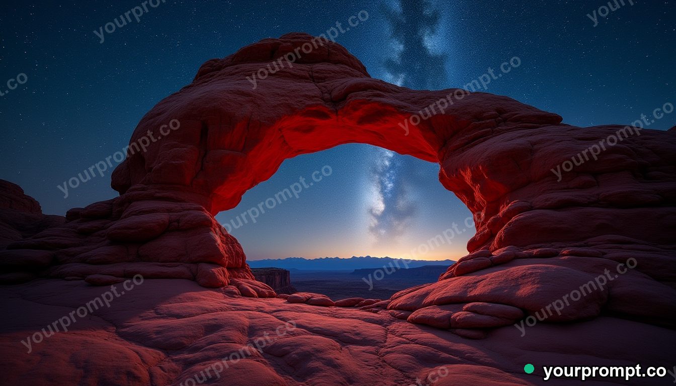 A red-rock desert arch under a starry sky