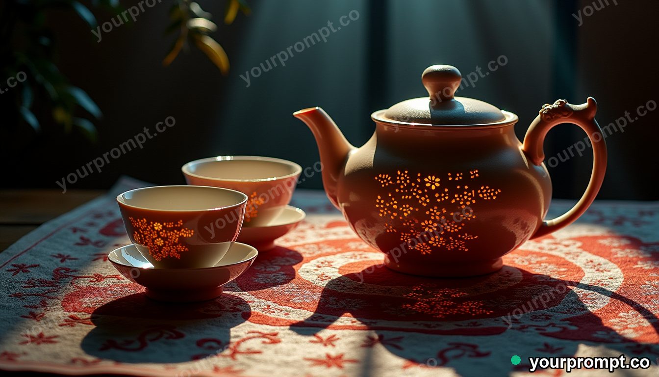 A teapot and porcelain cups on an embroidered cloth