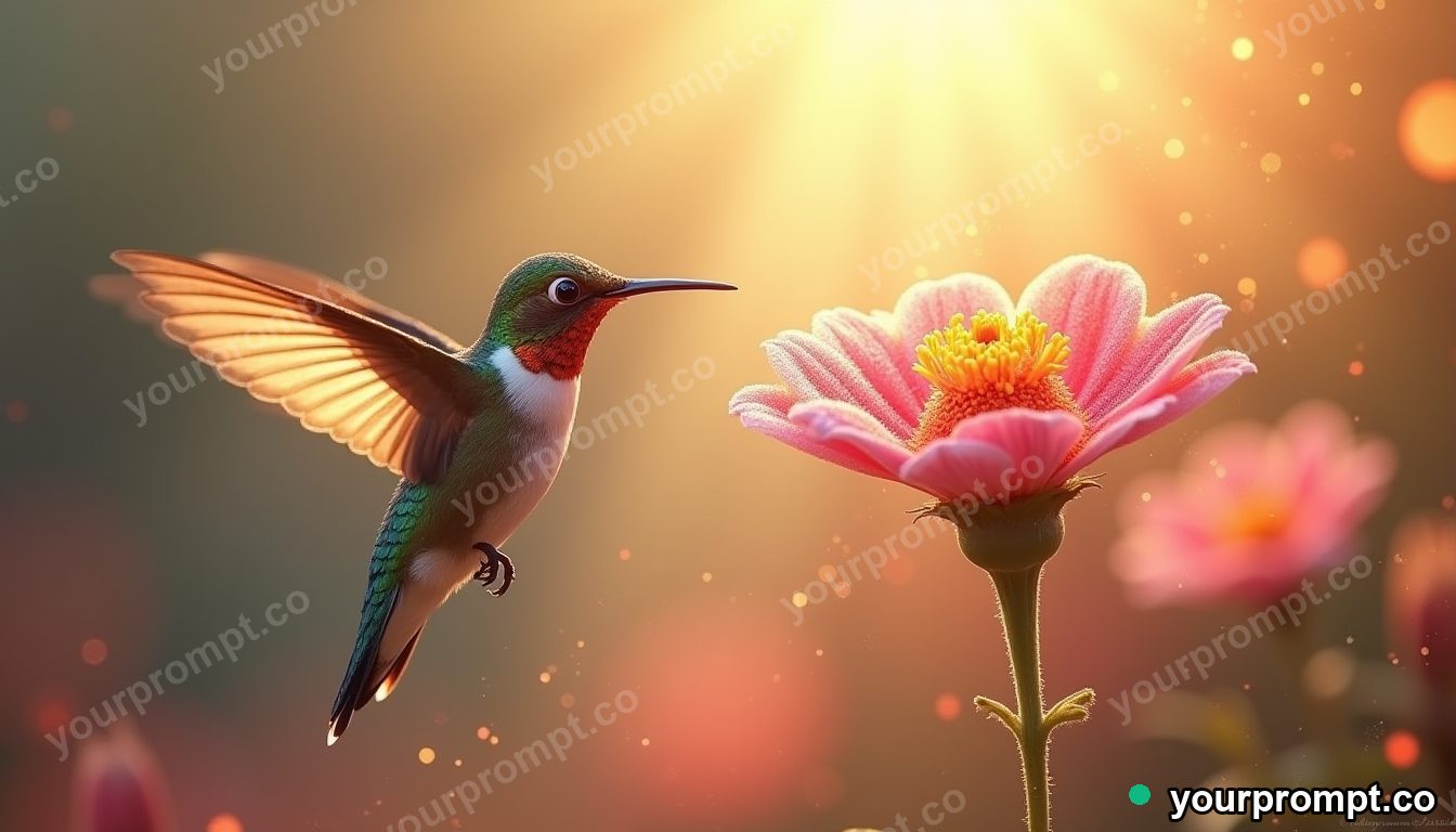A hummingbird hovering at a bright flower, wings frozen
