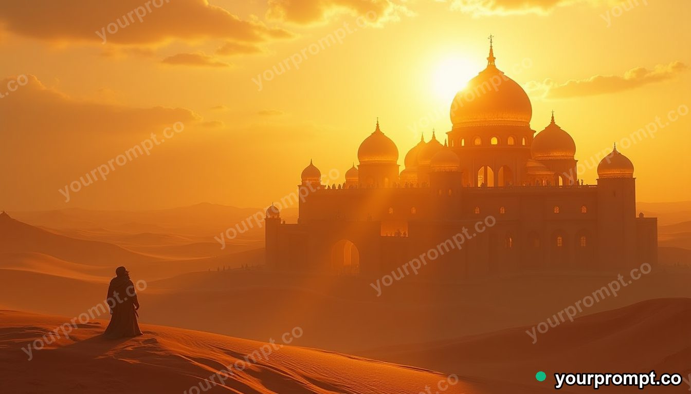 A desert palace with golden domes