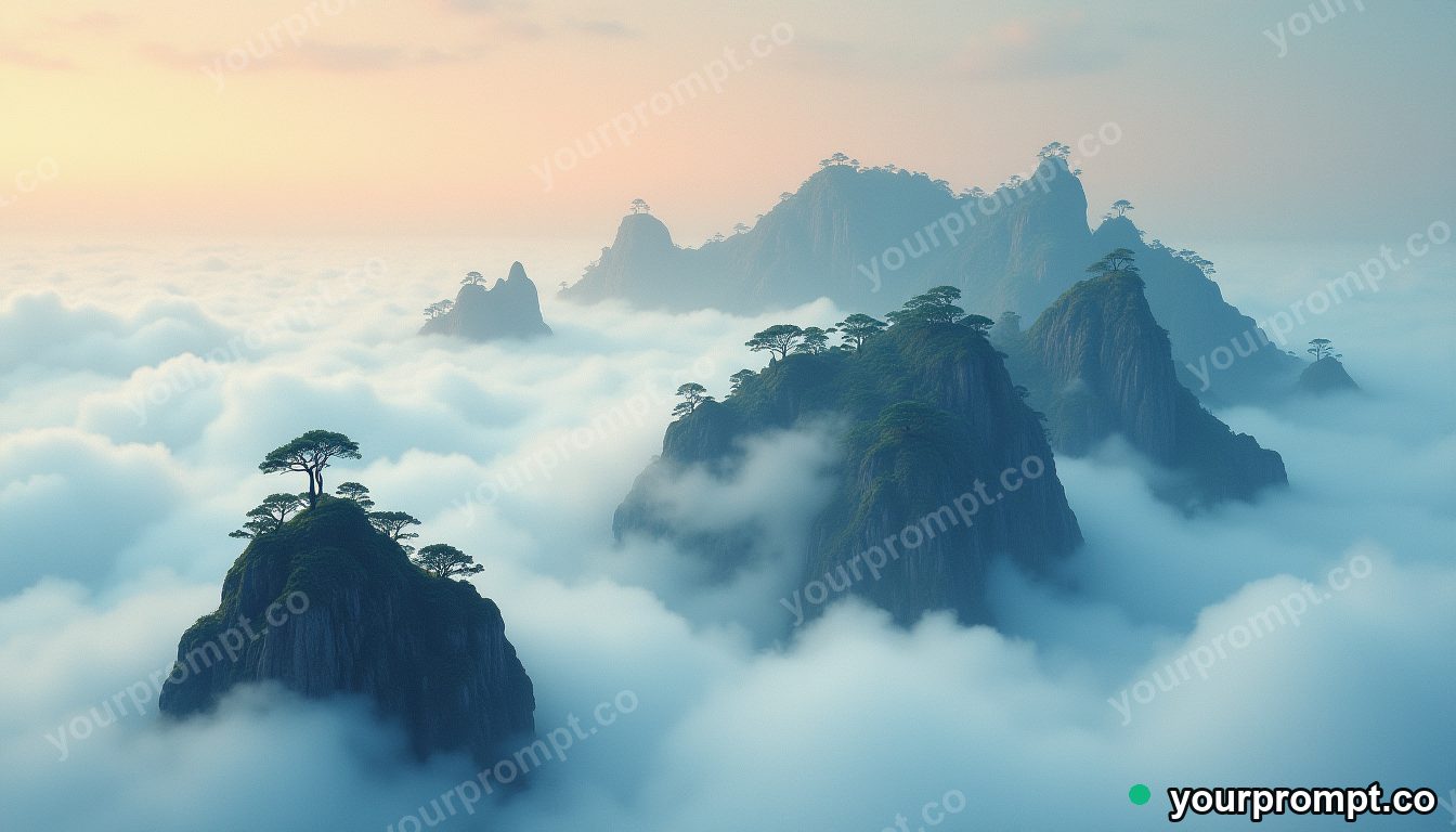 A floating archipelago of islands above a sea of clouds