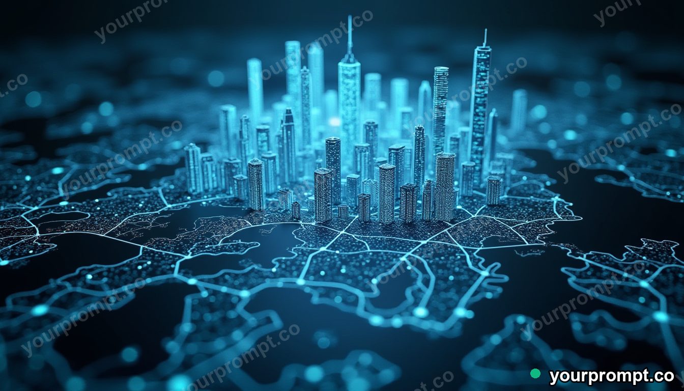 A holographic city map floating over a control room