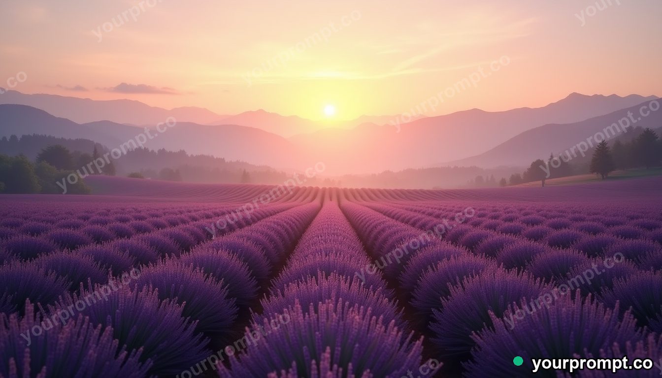 A lavender field stretching to misty mountains