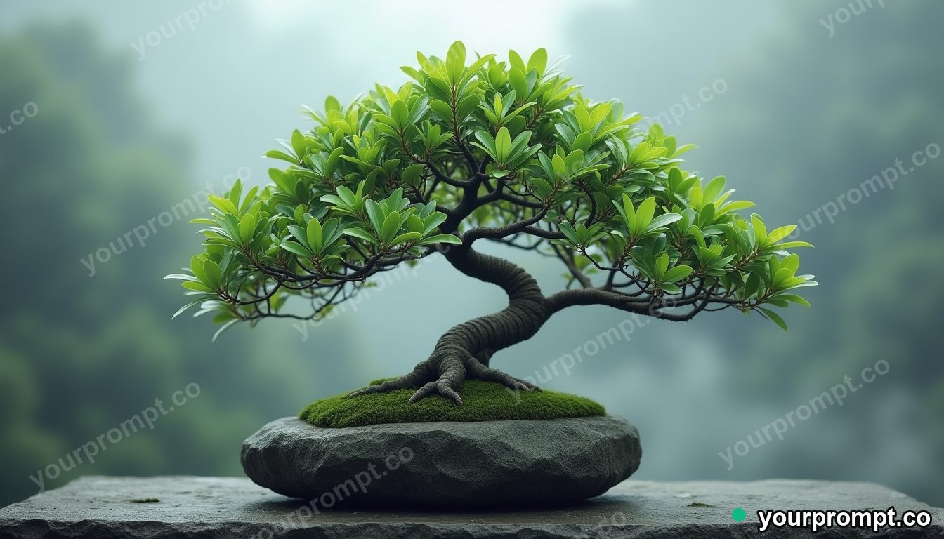A bonsai tree with tiny perfect leaves on a stone