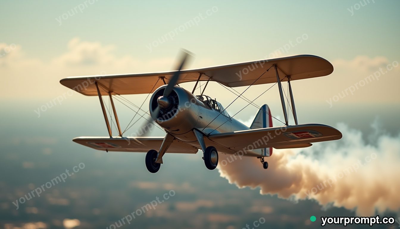 A vintage propeller biplane trailing smoke at an air show