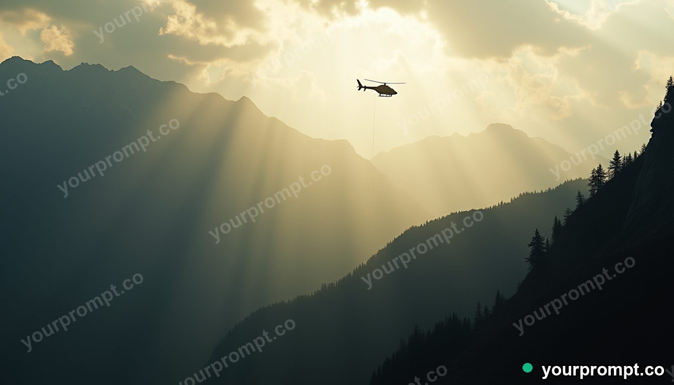 A rescue helicopter hovering above a mountain ridge