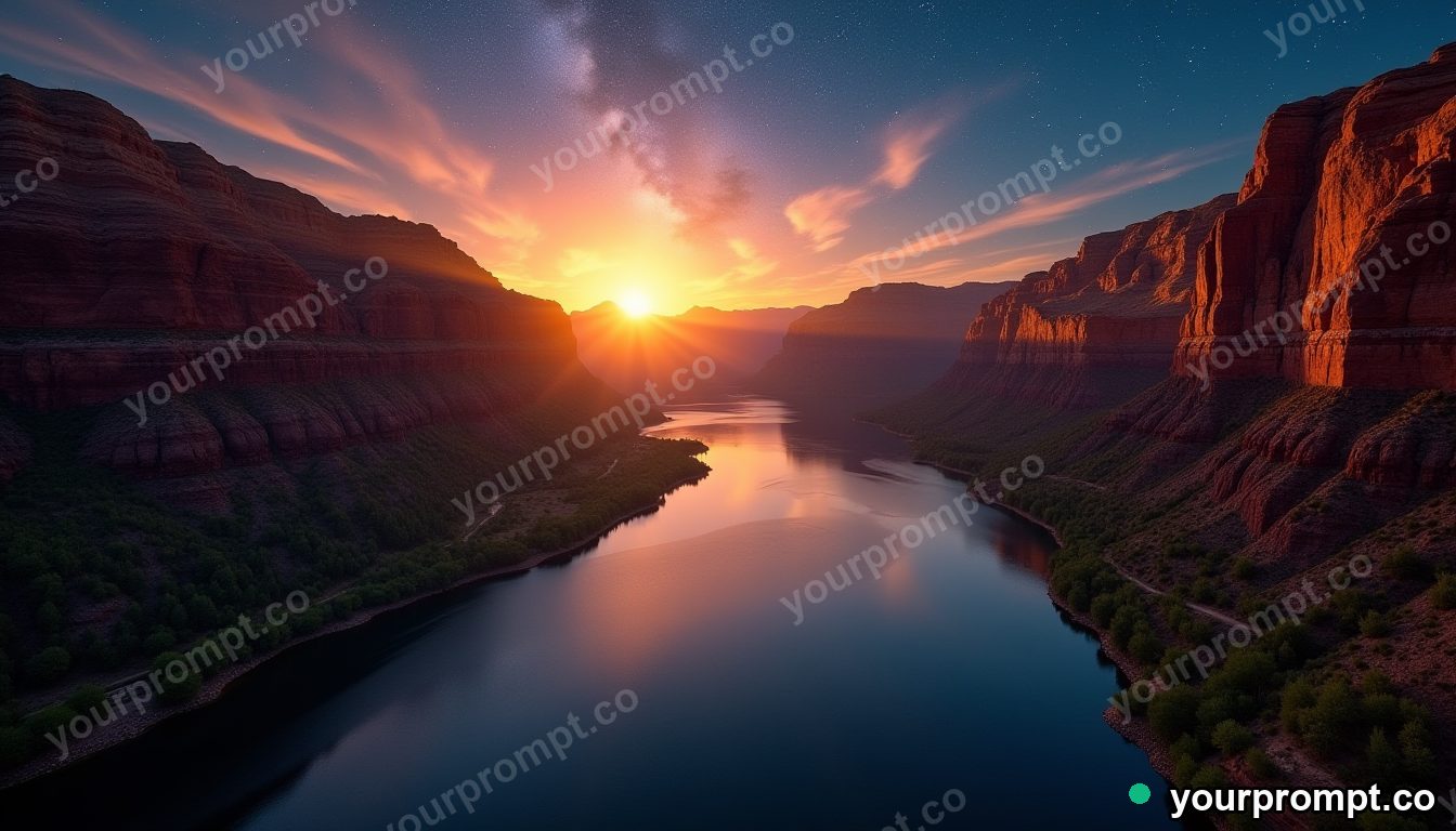 A canyon river bend glowing at golden hour