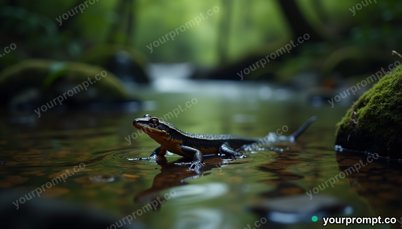 A newt swimming in a clear forest stream