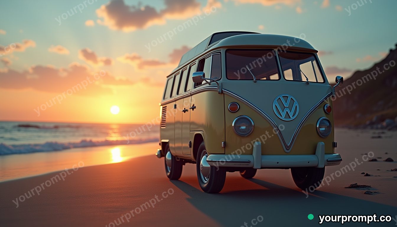 A vintage VW camper van parked at a beach sunset