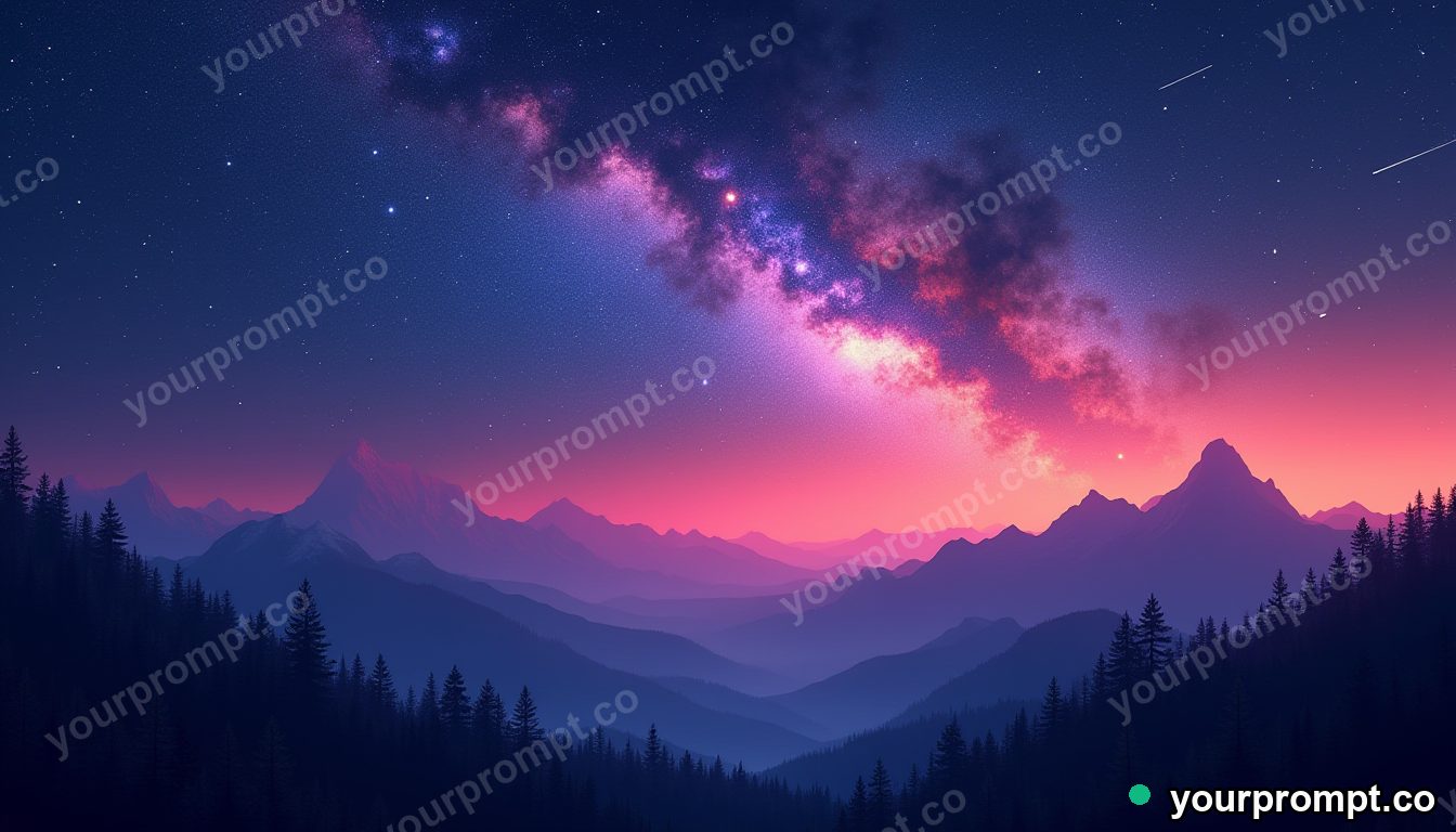 A meteor shower over a silhouetted mountain ridge