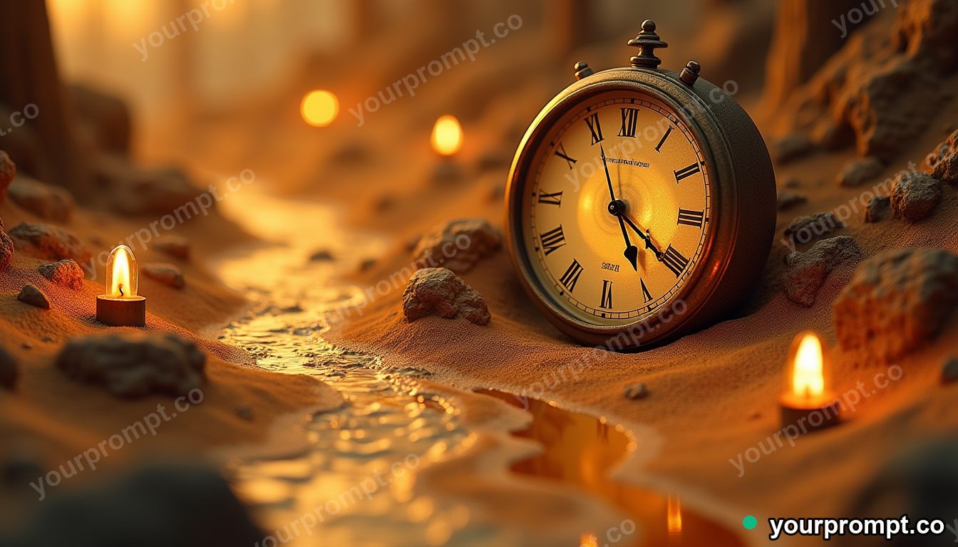 A giant clock melting into a river of golden sand