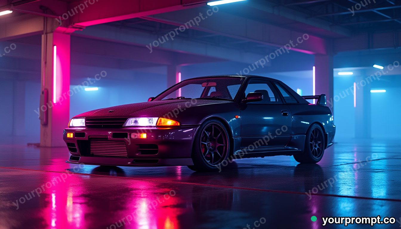A JDM drift car with neon underglow in a parking garage