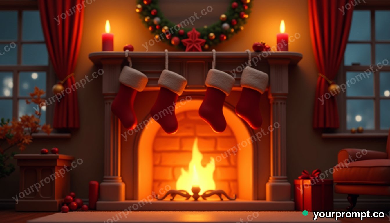 A cozy fireplace with stockings and warm light