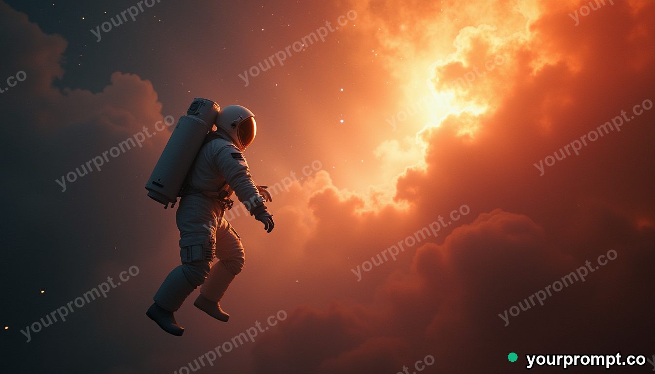 An astronaut floating beside a glowing nebula