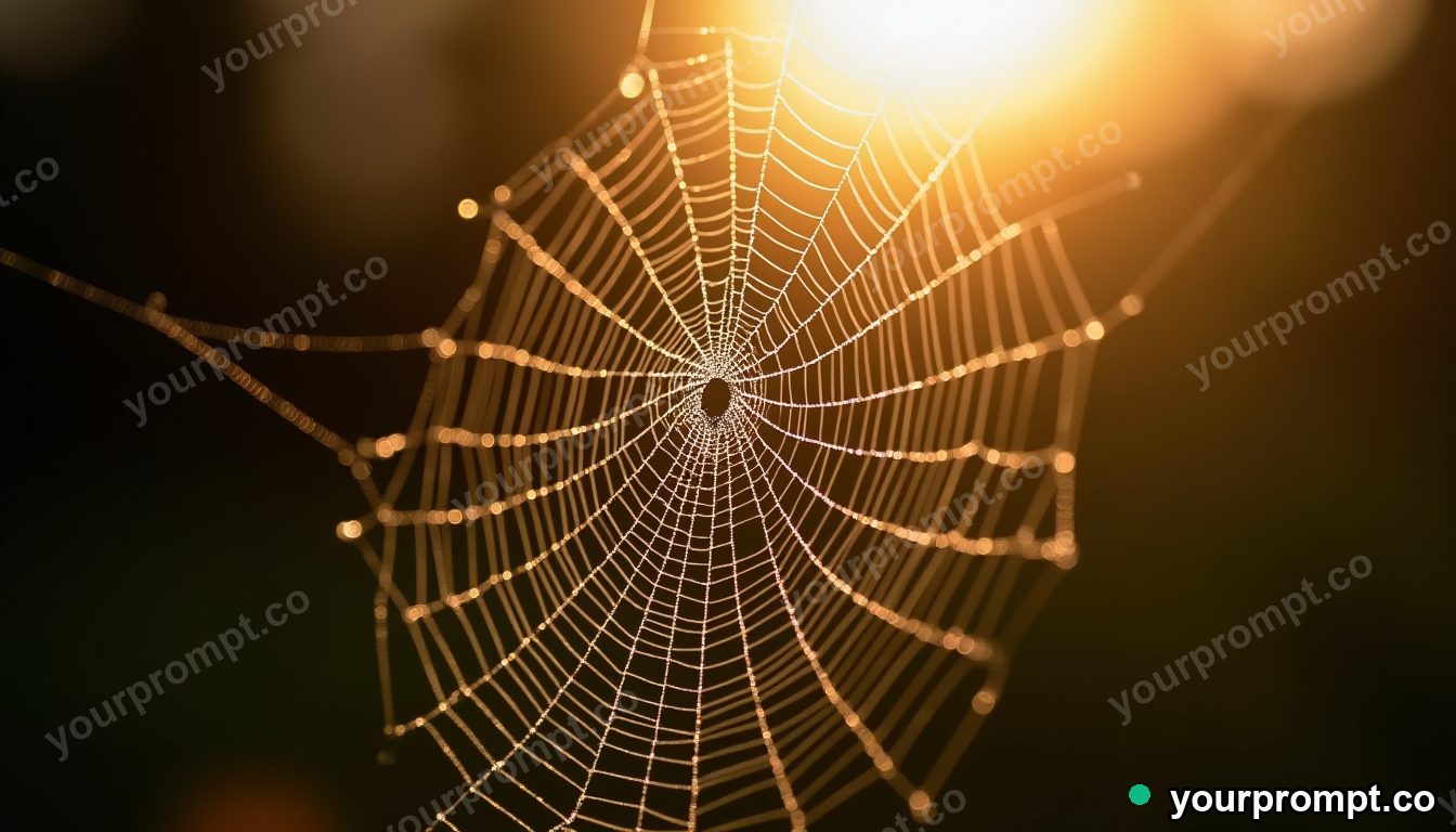 A spider web beaded with morning dew, backlit