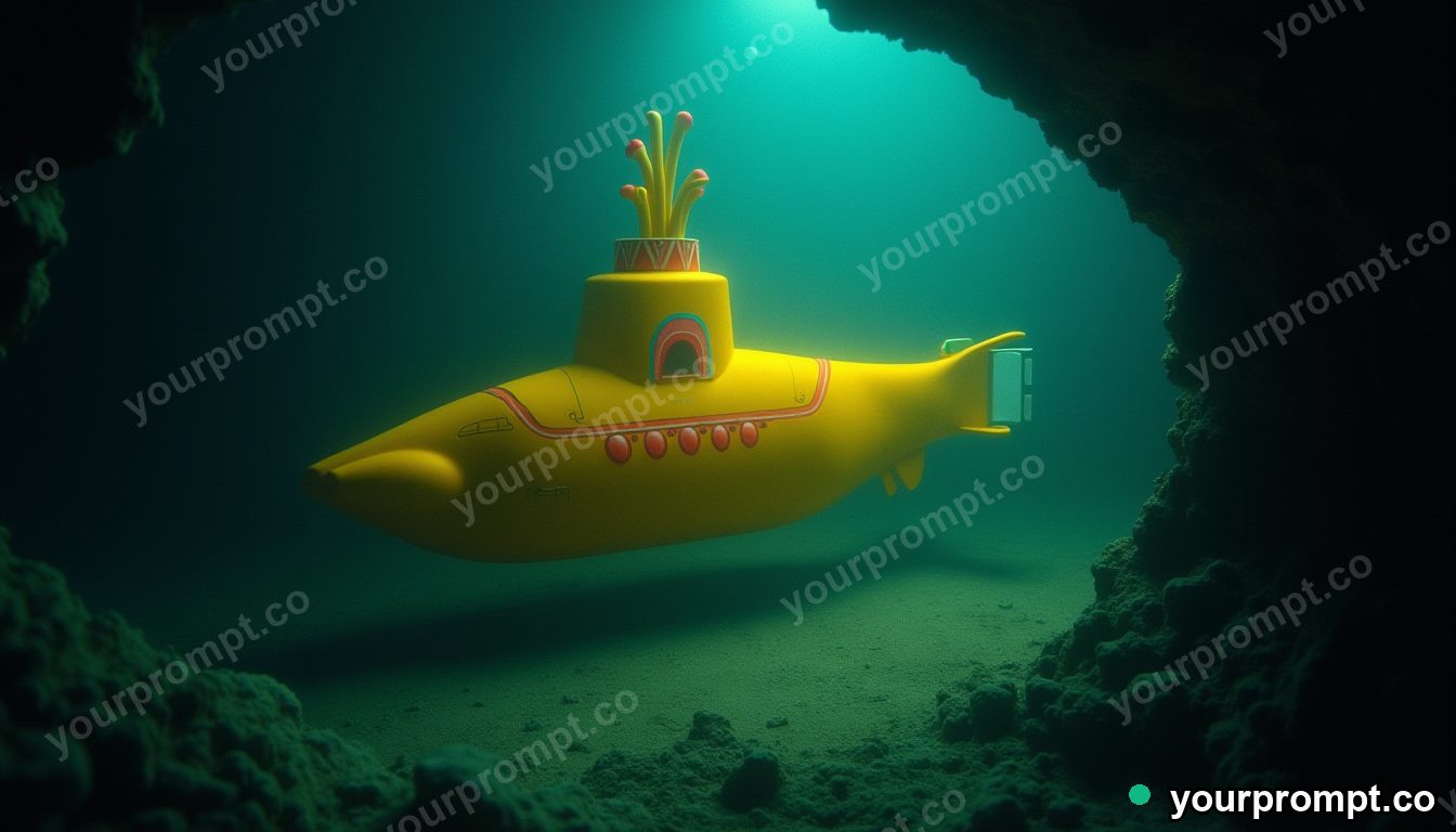 A yellow submarine exploring a glowing trench