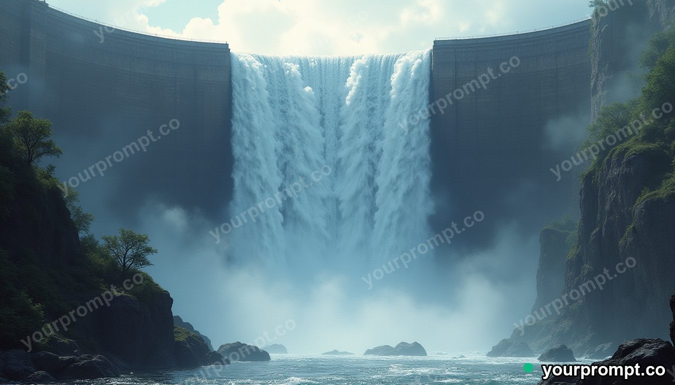 A towering dam releasing a thundering spillway