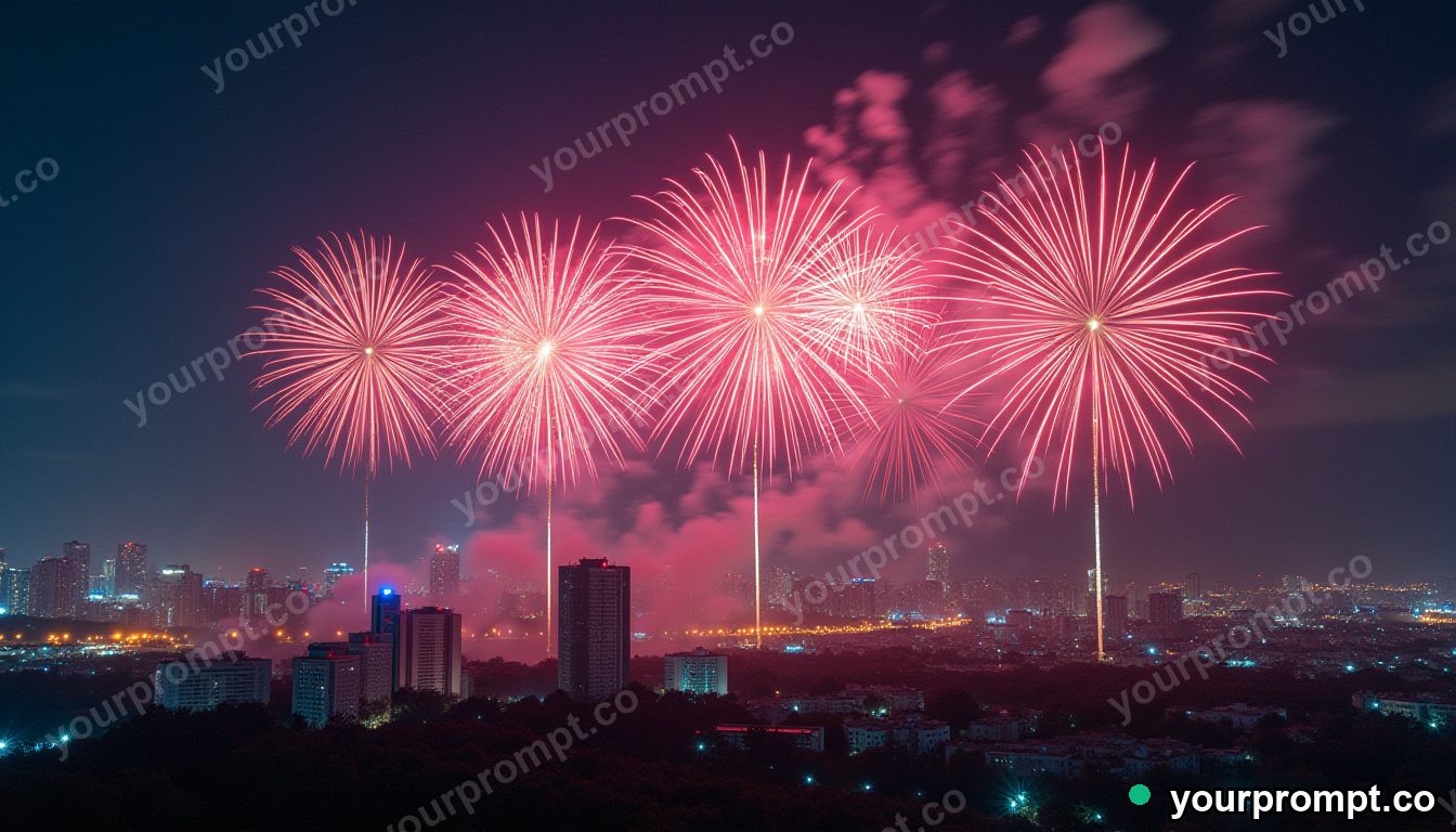 Fireworks bursting over a city skyline at midnight