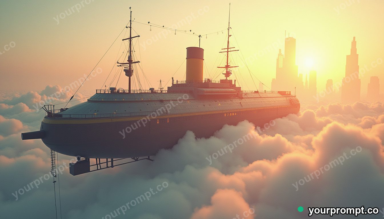 A steampunk airship docking at a cloud city