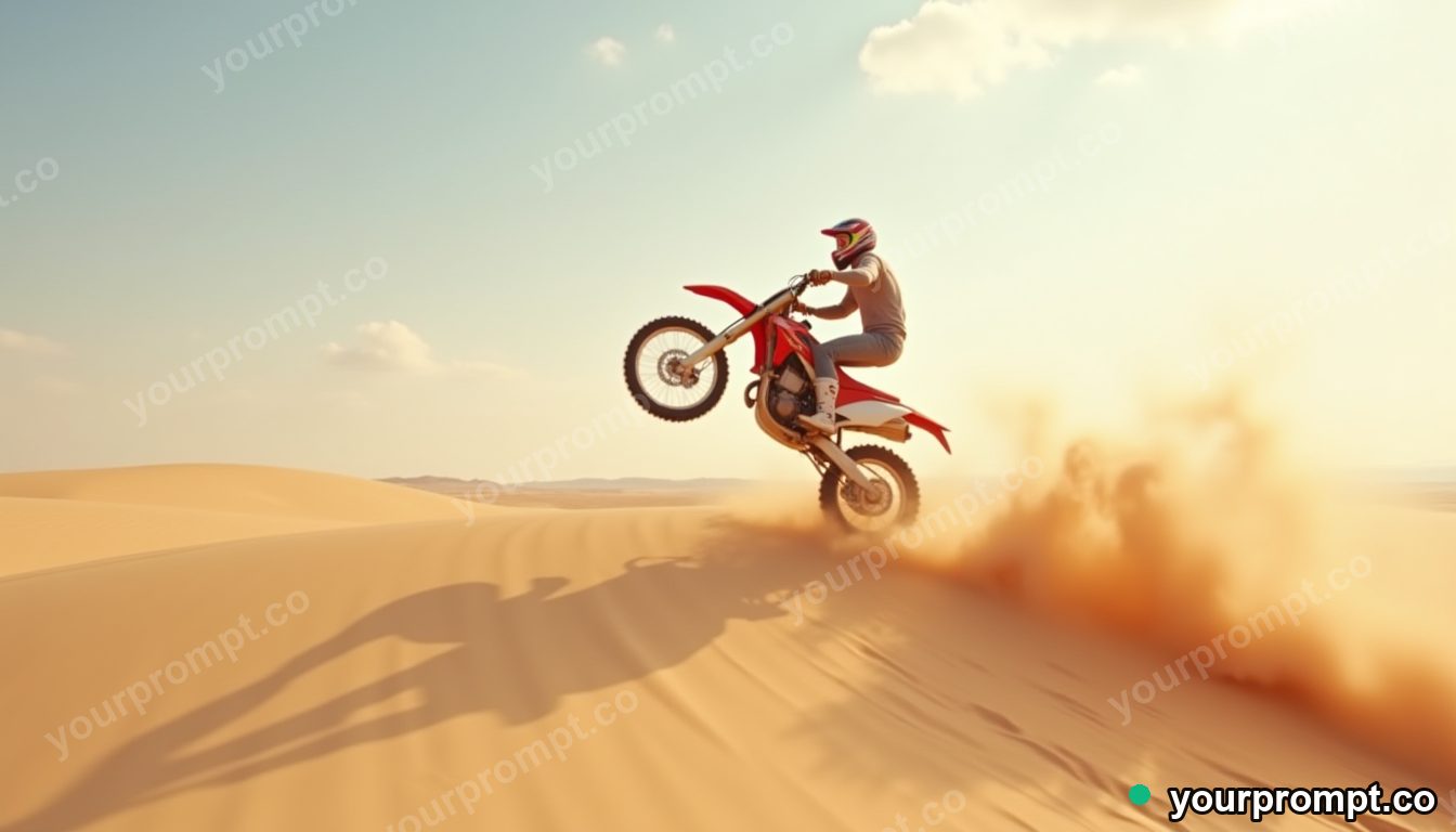 A dirt bike soaring over a dune, sand spraying