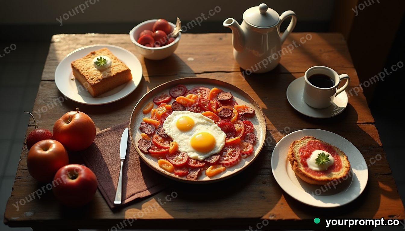 A rustic breakfast spread on a wooden table, top-down