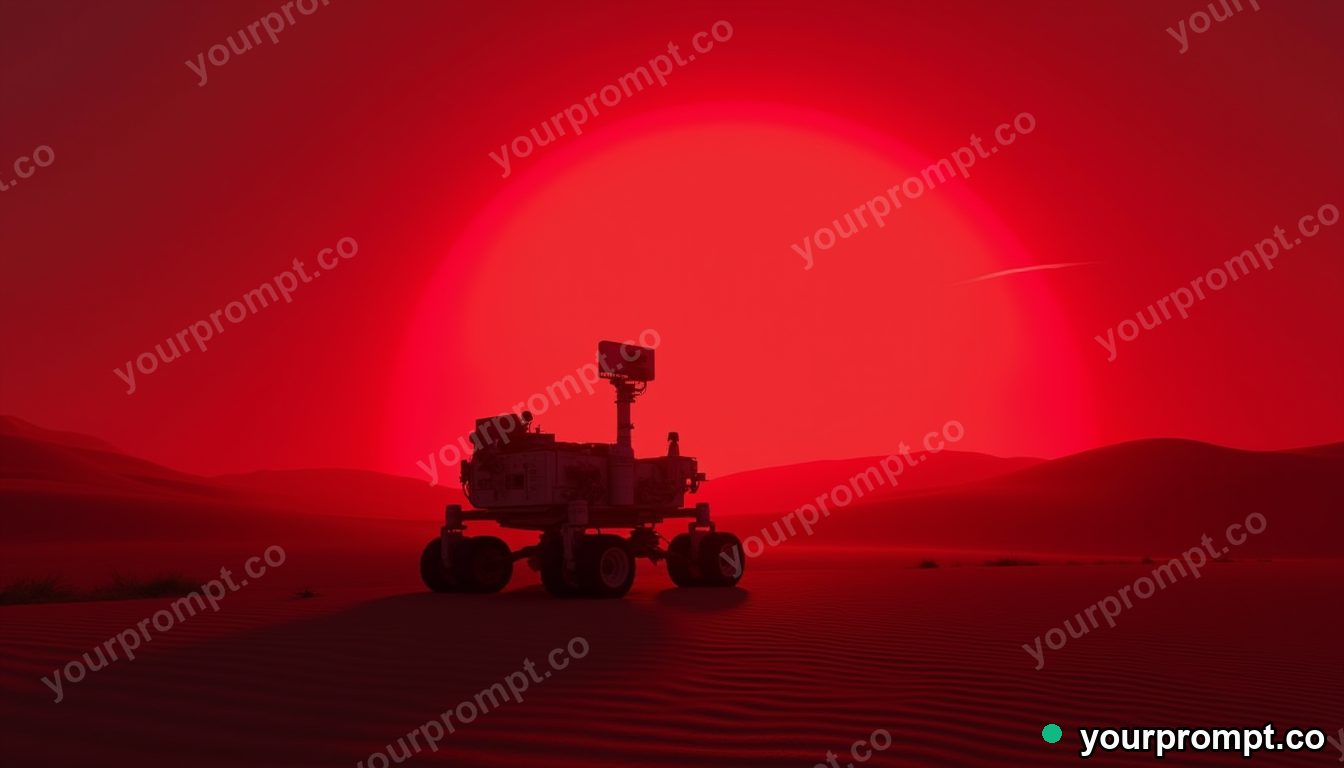 A rover crossing a red martian desert at dusk