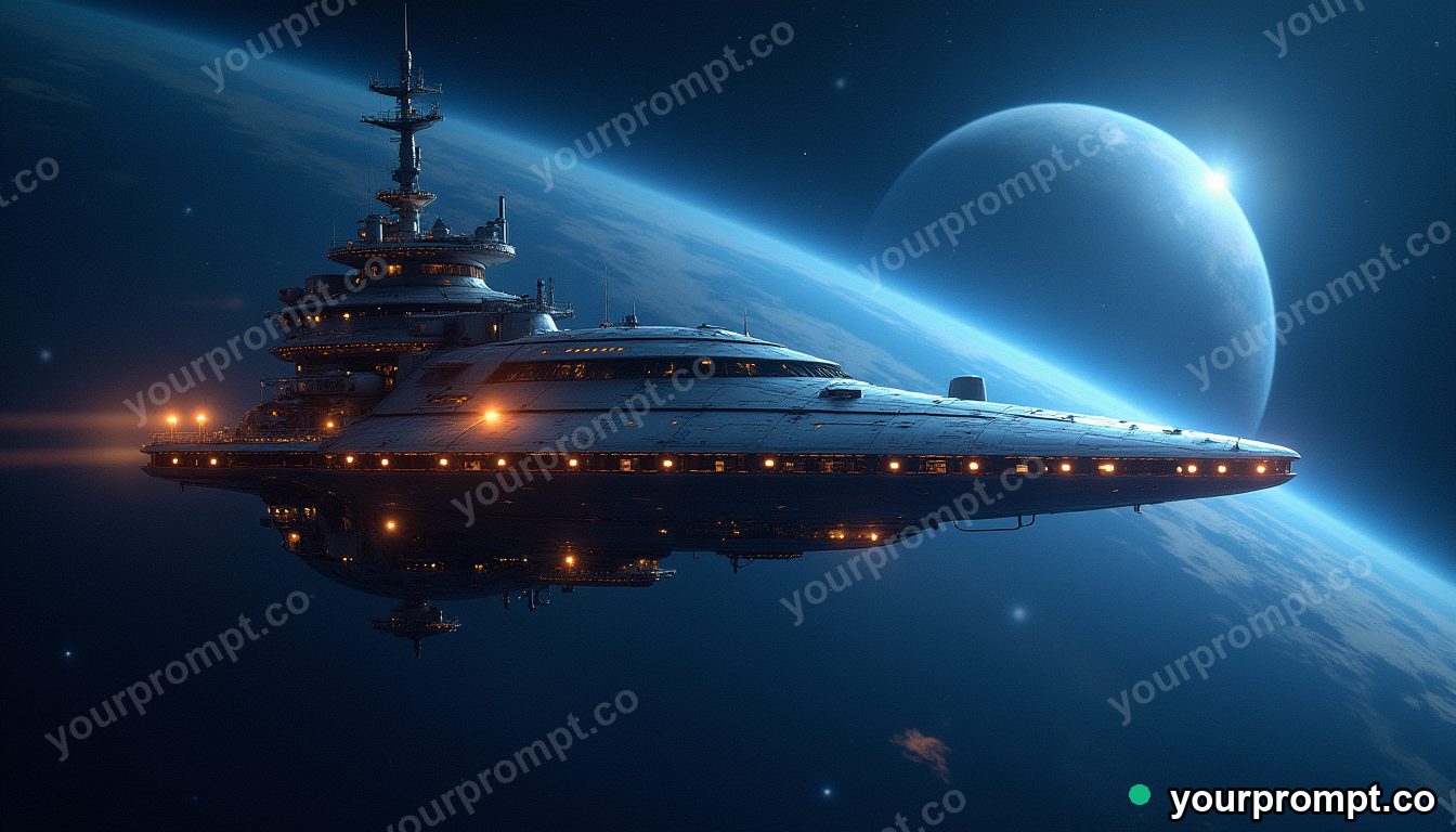 A futuristic space station orbiting a blue planet