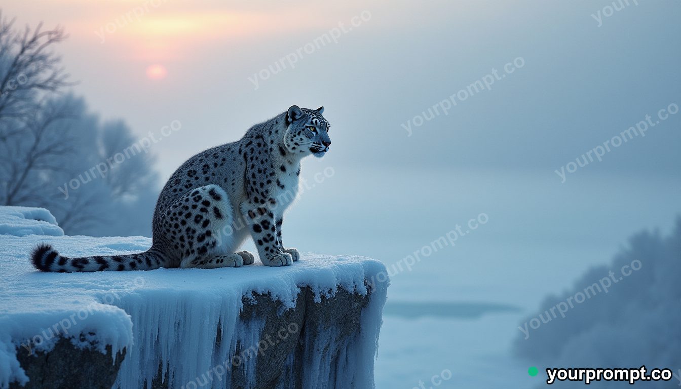 A snow leopard on a frozen cliff at dawn