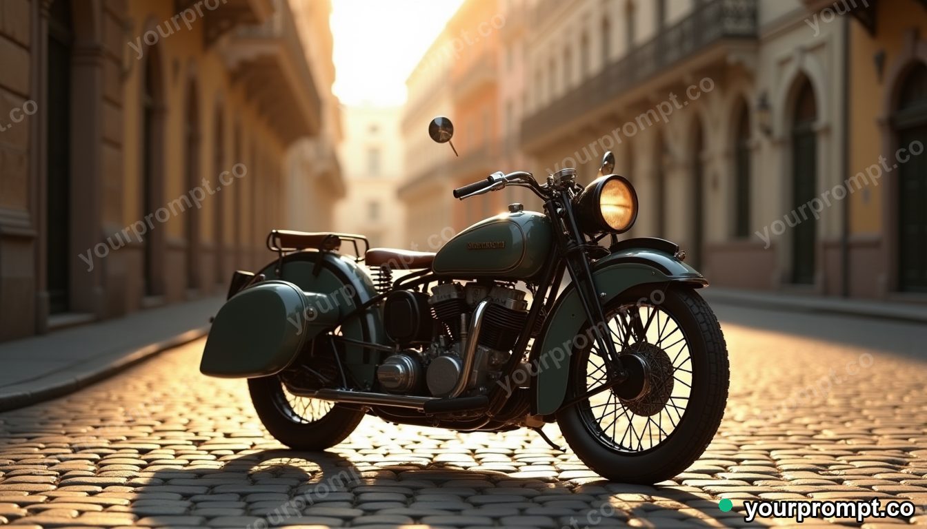 A vintage sidecar motorcycle on a cobbled street