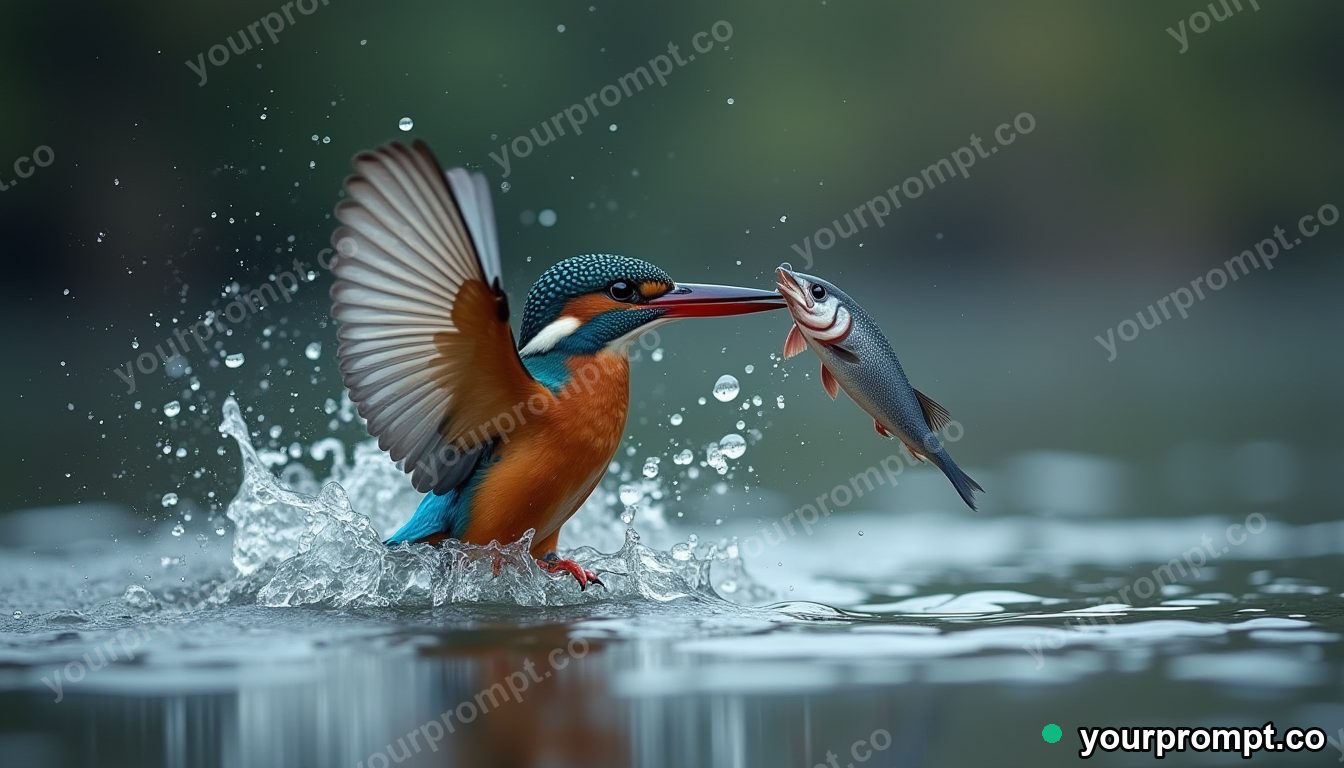 A kingfisher splashing out of water with a fish