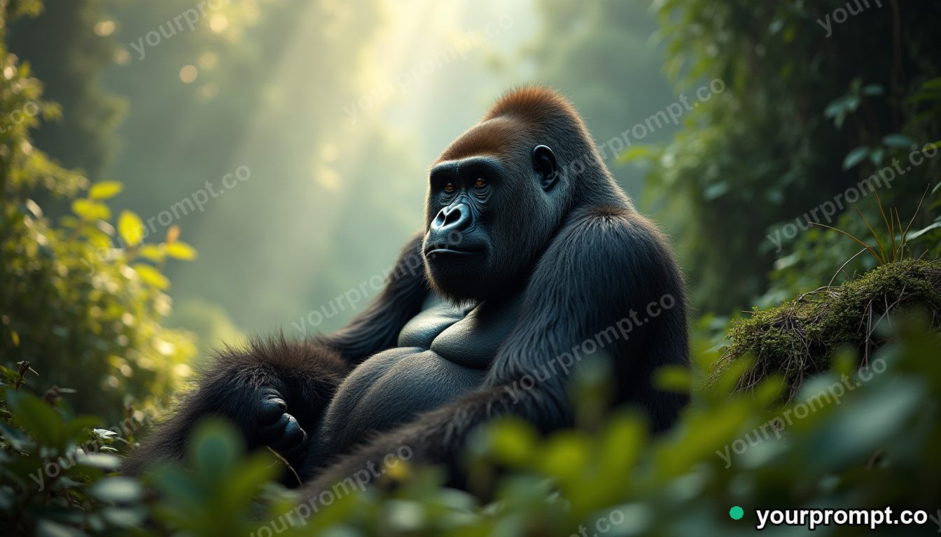 A mountain gorilla resting in misty jungle