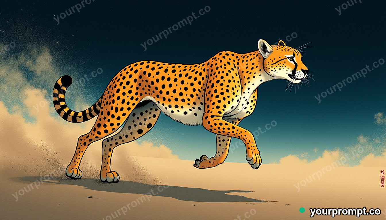 A cheetah mid-sprint kicking up dust