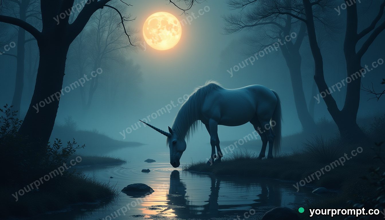 A unicorn drinking from a moonlit forest pool