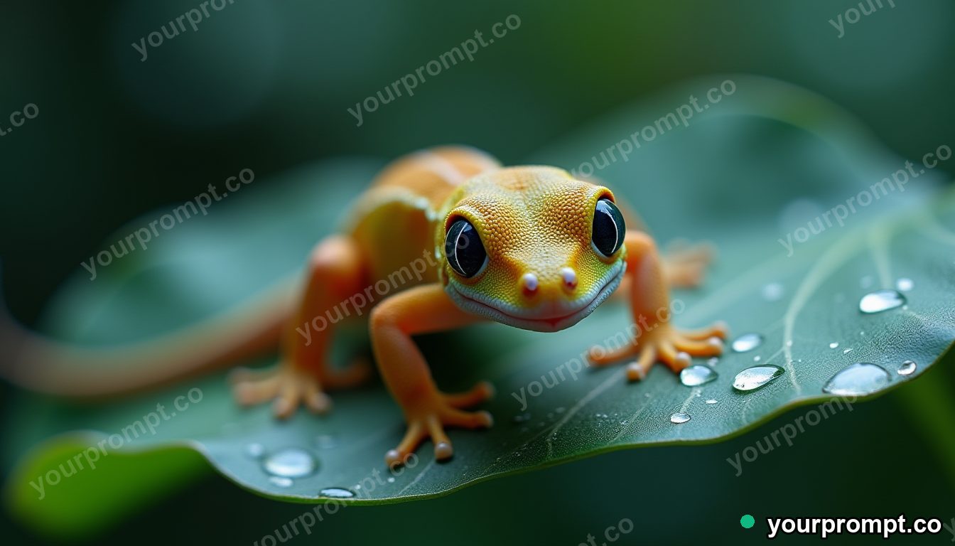 A gecko with sticky toes on a wet leaf, macro