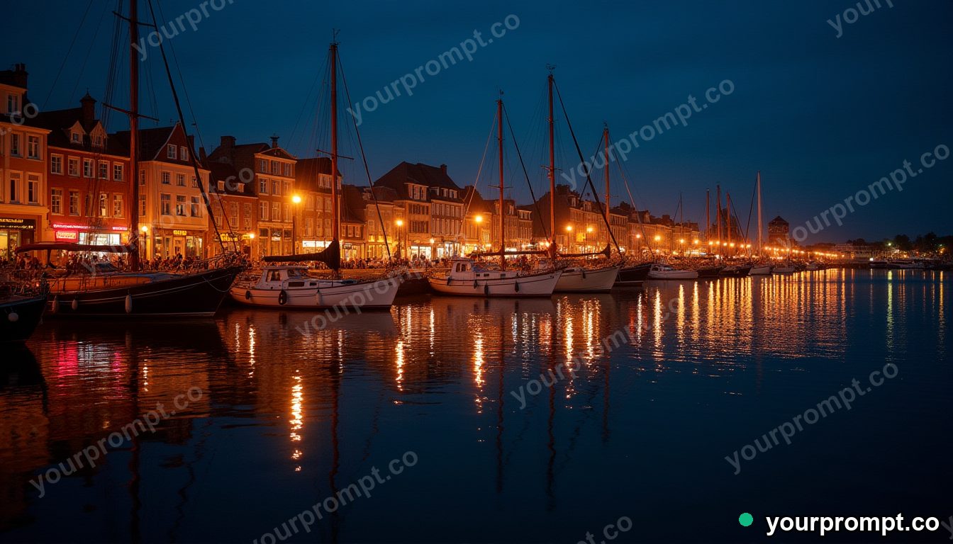 A harbor of boats lit by lanterns at midnight