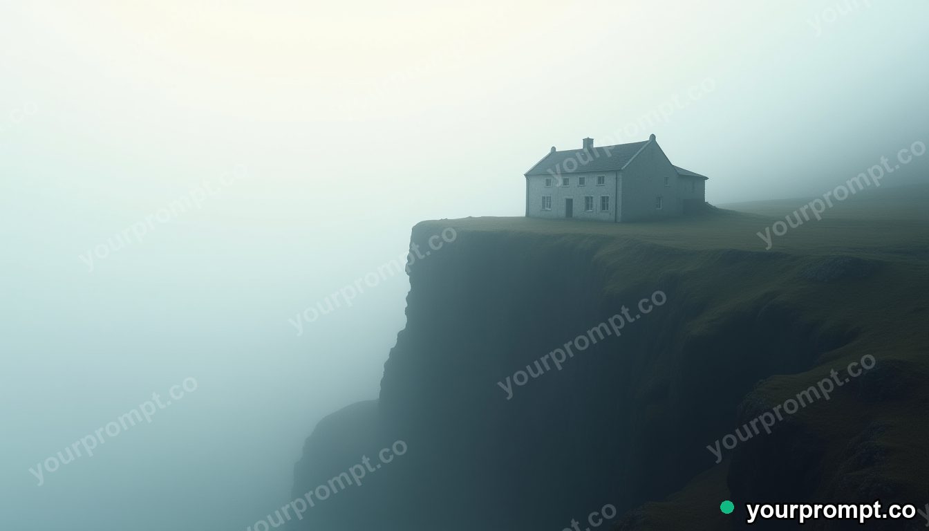 A minimalist concrete house on a misty cliff
